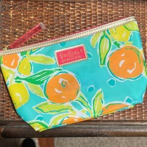Lilly Pulitzer X Estee Lauder Orange print Cosmetic Pouch Teal & Lemons